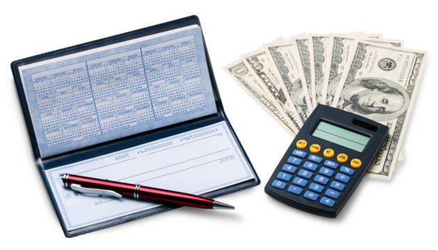 Plastic mathematical calculator with money and checkbooks
