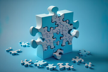 components of a jigsaw puzzle on a blue backdrop. business notion of fixing a problem. Generative AI - obrazy, fototapety, plakaty