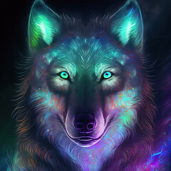 Neon iridescent psychedelic wolf. Generative AI. Not based on any