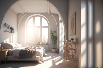 Fototapeta na wymiar The bedroom and living room apartment's walls are adorned in white tones with wooden furnishings, built in cupboards, and wooden arches, and sunshine streams in through the windows. Generative AI