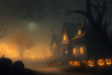 Fototapeta na wymiar In the mist, there lies a witch town with pumpkins. realistic depiction of a Halloween event. Generative AI