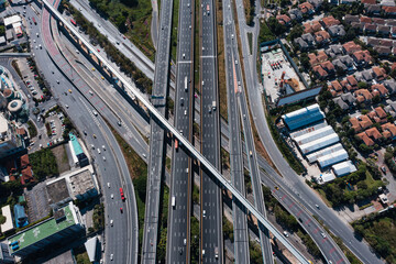 Expressway top view, Road traffic an important infrastructure in Thailand. Bangkok urban Mass Transit Project (Pink Line Monorail). 