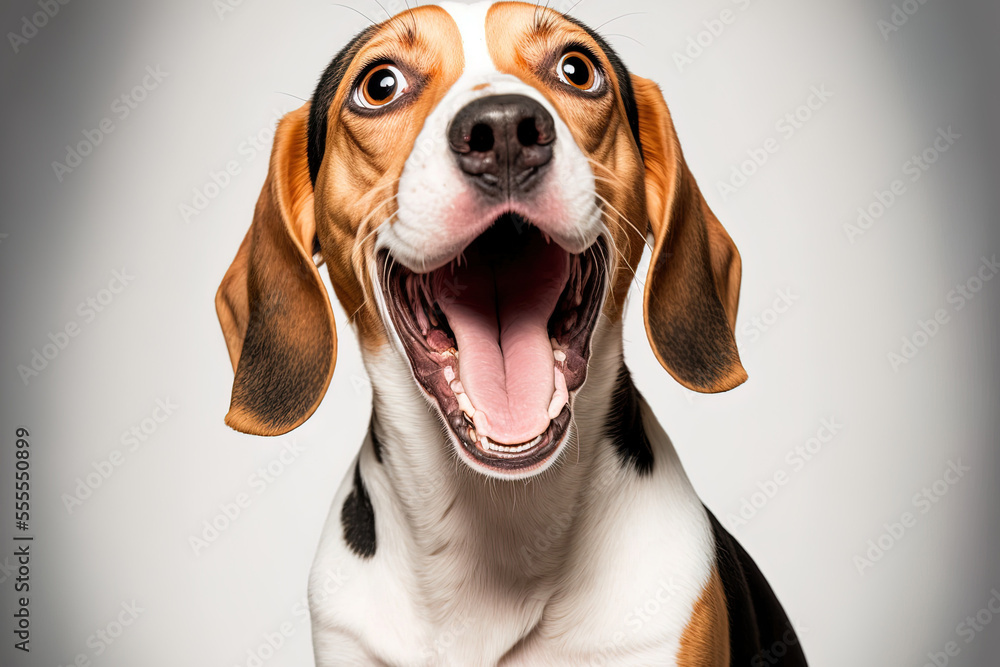 Sticker Adorable beagle dog, isolated over a white background, facing the camera. Studio portrait of a joking and content dog with its tongue hanging out on a white background. Generative AI