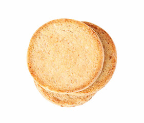 Stack of tasty organic rusks isolated on white, top view