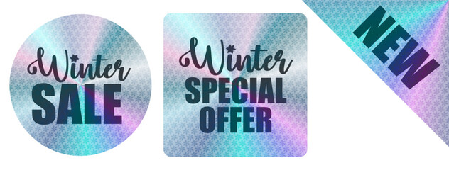 Fototapeta premium Holographic Winter Sale Stickers - New Special Offers - Hologram labels design tags - Vector illustration
