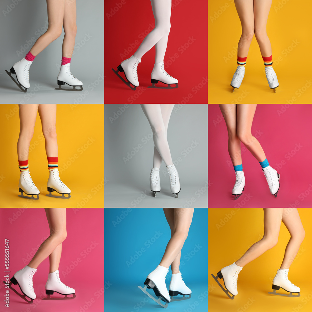 Canvas Prints Collage with photos of women in ice skates on different color backgrounds, closeup view of legs