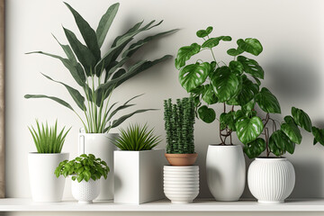a variety of tropical indoor plants on show in white ceramic pots. exotic house plants in pots on a white shelf next to a white wall. flag in the backyard. Generative AI