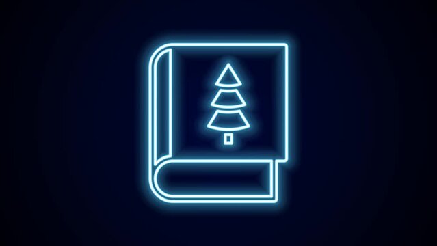 Glowing neon line Christmas book cover or flyer template icon isolated on black background. Merry Christmas and Happy New Year. 4K Video motion graphic animation