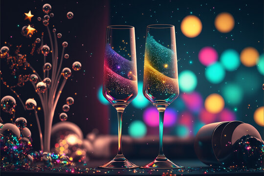 Magical Colorful Toasting Champagne Glasses, Flutes with Universes, Outer Space in them with colorful lights and Bokeh in the background, New Years Eve, Party, Celebration, Birthday  Generative AI