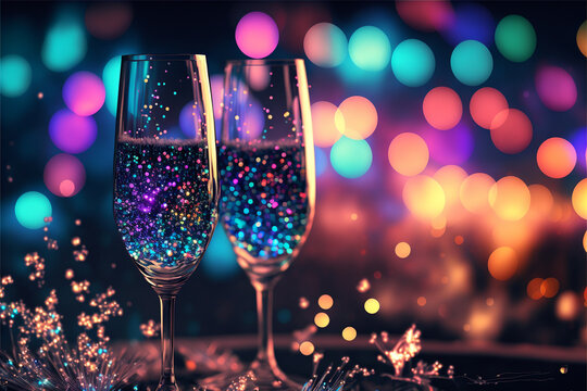 Magical Colorful Toasting Champagne Glasses, Flutes with Universes, Outer Space in them with colorful lights and Bokeh in the background, New Years Eve, Party, Celebration, Birthday Generative AI