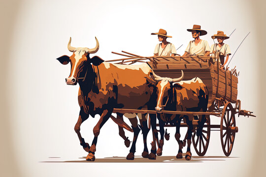 Traditional transportation, cows pulling carts on a white background, illustration. Generative AI