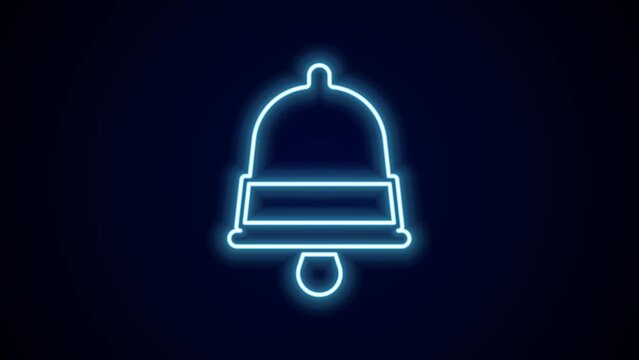 Glowing neon line Merry Christmas ringing bell icon isolated on black background. Alarm symbol, service bell, handbell sign, notification. 4K Video motion graphic animation