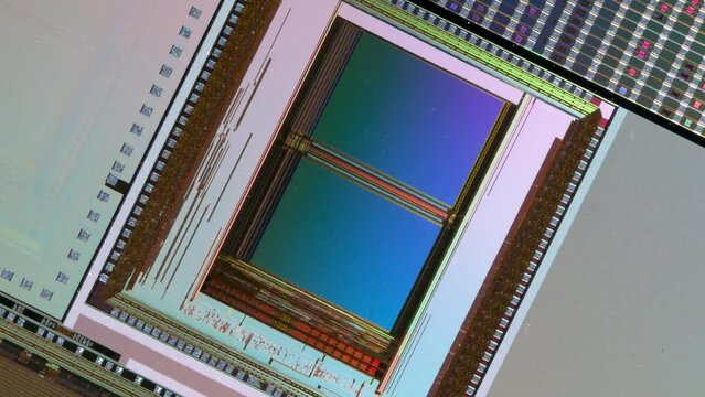 Silicon monocrystalline wafer with microchips manufacturing used in fabrication of electronic integrated circuits. 