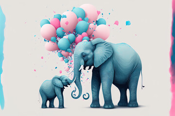 Mom and baby elephants are shown in a with a bouquet of pink and blue balloons. Generative AI