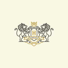 lion heraldic logo design with initial H in a shield