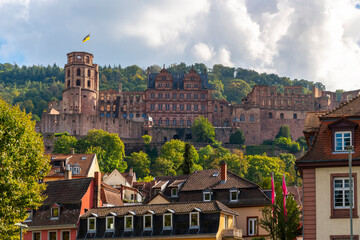 The medieval castle complex above the old town Altstadt of the Bavarian city of Heidelberg Germany...
