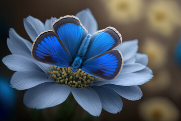 Blue butterfly in selective focus on a little bloom. Generative AI