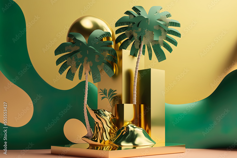 Poster tropical trees and a green abstract platform for product placement on a gold backdrop. generative ai