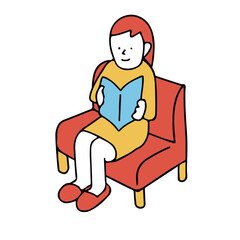 Obraz premium ソファに座って本を読む女性のイラスト