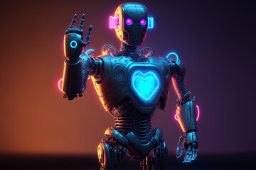 Naklejka premium robot with a thumbs up drawing artificial intelligence attractive robot for business and advertising robot with neon lights and a heart on his chest recommend nice like review feedback. Generative AI
