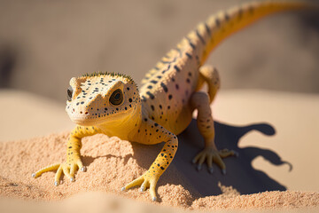 Naklejka premium Sand gecko with its head in the sand soaking up the sun a gecko called stenodactylus petrii. Generative AI