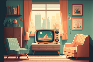 Illustration of a living room interior with a sofa, a TV, a window, and a chair. Generative AI