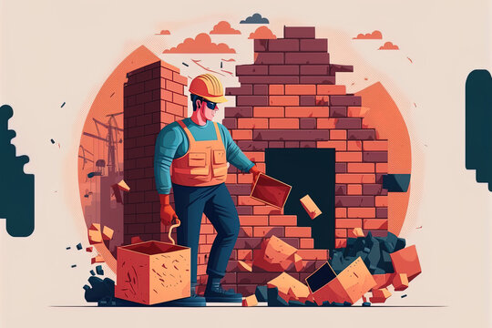 Male builder works at a building site with a helmet and a uniform. Building a home with bricks is a man at work. Concept for renovation. Image in format. Generative AI