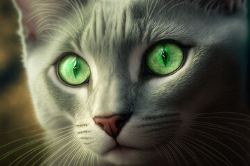 A cat with piercing green eyes is in shallow focus. Generative AI