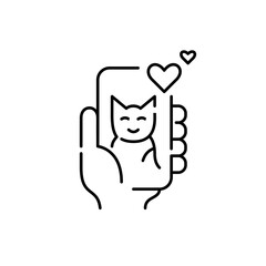 Hand holding smartphone with cat picture and likes. Pixel perfect, editable stroke icon