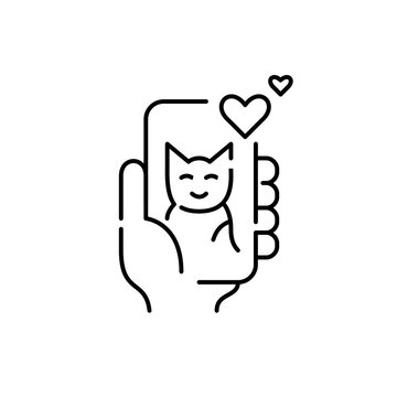 Hand holding smartphone with cat picture and likes. Pixel perfect, editable stroke icon