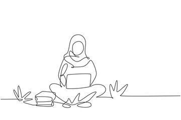 Continuous one line drawing Arabian woman with laptop sitting at the park and typing. Freelance distance learning, online courses, studying concept. Single line draw design vector graphic illustration