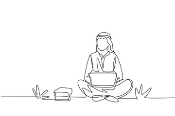 Continuous one line drawing Arabian male students studying with laptop, prepare for exam, sitting at the park. Back to school, abroad education. Single line draw design vector graphic illustration