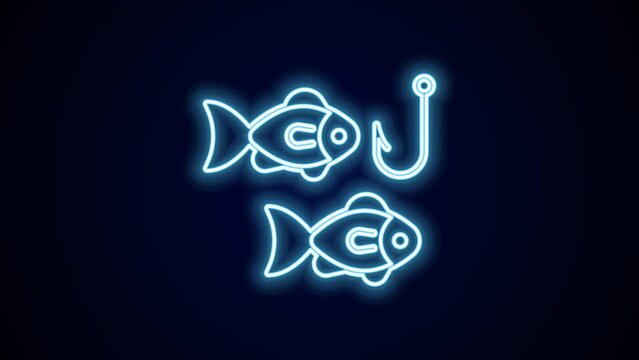 Glowing neon line Fishing hook under water with fish icon isolated on black background. Fishing tackle. 4K Video motion graphic animation
