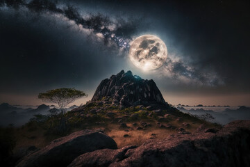 Moonlight with the Milky Way above a peak in Phu Hin Rong kla National Park Thailand's phitsanulok. Generative AI
