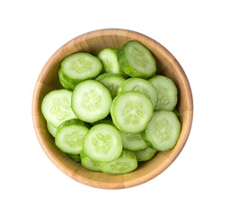 .Fresh cucumber slices in wood bowl isolated on transparent png
