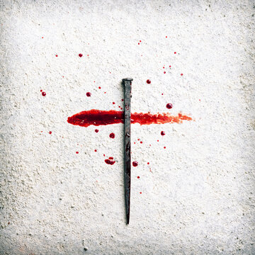 Cross Made From Blood And Nail On Stone Floor - Crucifixion And Resurrection Concept