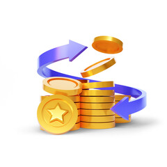 Cash Back concept, get rewards, Earn Point and refund from online shopping, Loyalty program, coins with arrows, digital payment with money back. 3D rendering