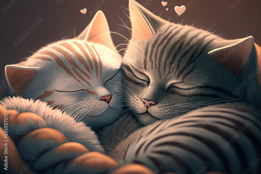 Poster Happy kittens cuddle together and sleep peacefully. A loving kitten family. Cute cat noses for Valentine's Day. Close up of a long web banner. Animal at home napping peacefully. Generative AI