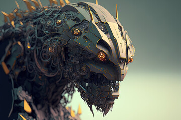 In the distance, an intricate image of a mecha robot head. Generative AI