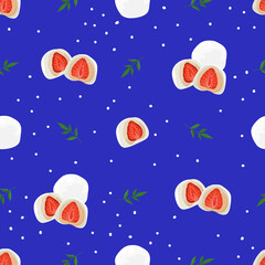 Obraz na płótnie Canvas Seamless pattern with mochi. Traditional Japanese dessert. Flat Vector illustration. For textile, scrapbooking, poster, restaurant menu.