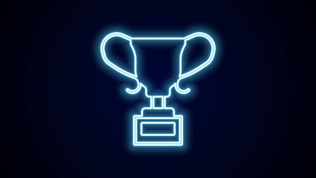 Glowing neon line Award cup icon isolated on black background. Winner trophy symbol. Championship or competition trophy. Sports achievement sign. 4K Video motion graphic animation
