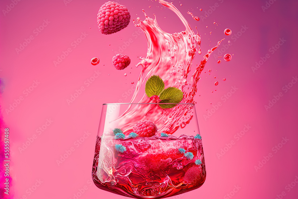 Aufkleber female support hand flying glass of raspberry beverage with splash and raspberry juice within. raspb