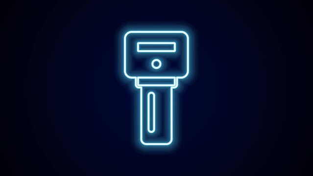 Glowing neon line Car key with remote icon isolated on black background. Car key and alarm system. 4K Video motion graphic animation
