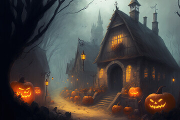 Fototapeta na wymiar In the mist, there lies a witch town with pumpkins. realistic depiction of a Halloween event. Generative AI