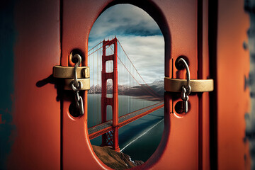 Golden Gate Bridge of San Francisco shown through gap in lock covered fence. Generative AI