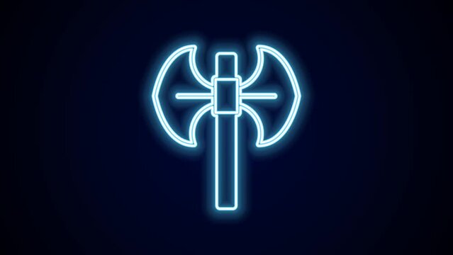 Glowing neon line Medieval poleaxe icon isolated on black background. 4K Video motion graphic animation