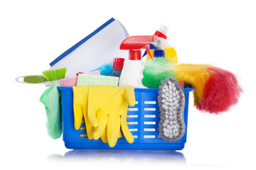 Many colorful cleaning supplies in the basket