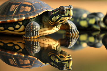 Naklejka premium Baby brazilian turtle up close and in focus on a reflection. Generative AI