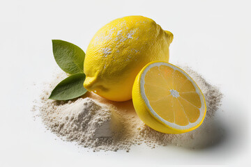 Fresh lemon fruit with sodium bicarbonate powder isolated on a white backdrop. Generative AI - obrazy, fototapety, plakaty