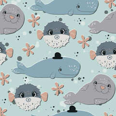 Vector seamless pattern with fish and sea animals.Sea Life Pattern. Seamless pattern with watercolor illustrations of corals and animals in marine style on a blue background. Cartoon flat style.